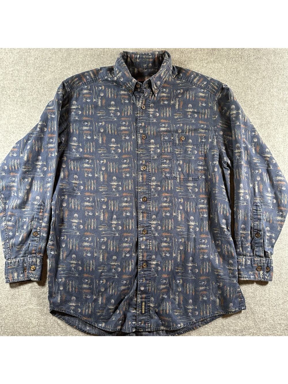 Woolrich Men's Blue Fish Graphic Print Woven Button-Up Shirt Pockets L